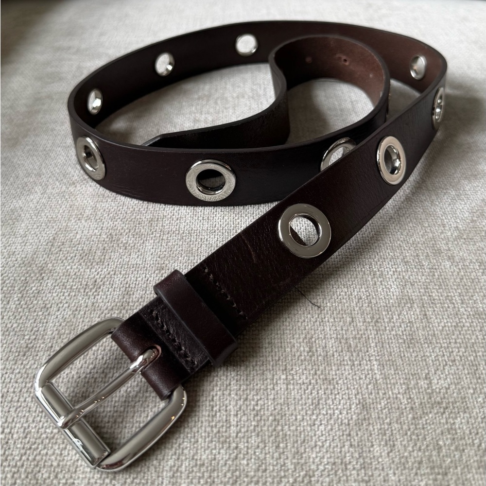 Massimo Dutti Brown Leather Belt with Silver Grommet sz MEDIUM / 85cm - Picture 2 of 3